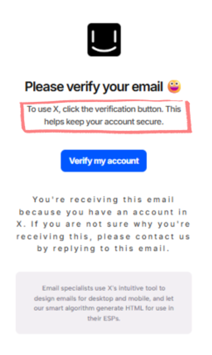 Screenshot of a verification email showing a red box drawn around the explanatory text: 'To use X, click the verification button. This helps keep your account secure.